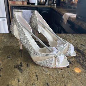 Benjamin Adam’s Catherine Ivory Duchesse Silk crystal peep toe heels pump sandal